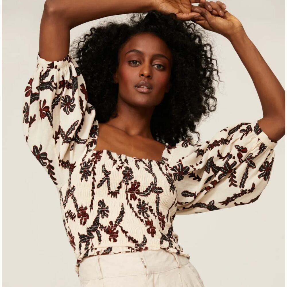 Joie Shirt Womens XX Small White Floral Bension Printed Top Puff Sleeve Cropped‎